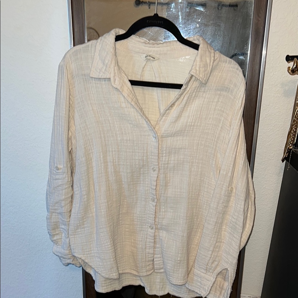 Max Studio Cream Long Sleeve Button Down Shirt